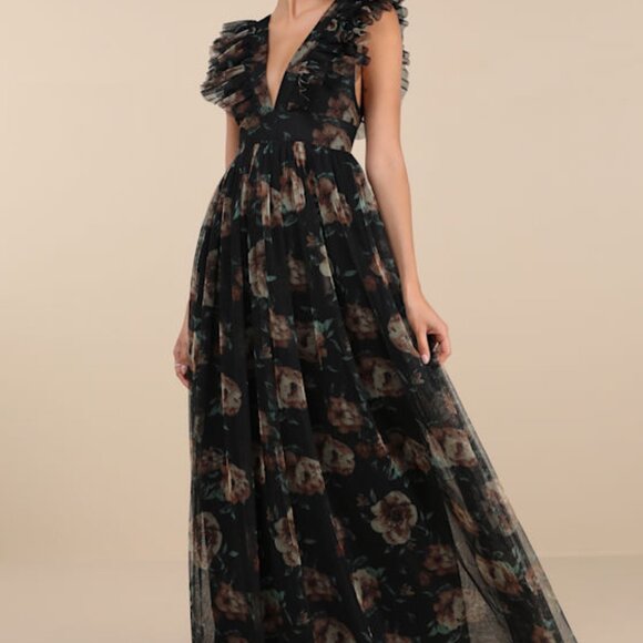 Lulus Simply Delighted Black Floral Mesh Ruffled Backless Maxi Dress - Size S - Picture 1 of 1